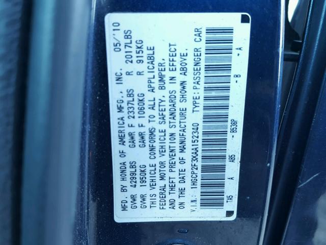 1HGCP2F3XAA152340 - 2010 HONDA ACCORD LX BLUE photo 10