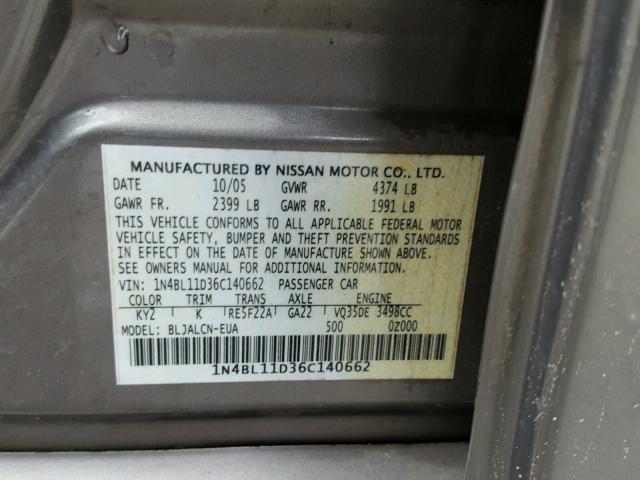 1N4BL11D36C140662 - 2006 NISSAN ALTIMA SE TAN photo 10