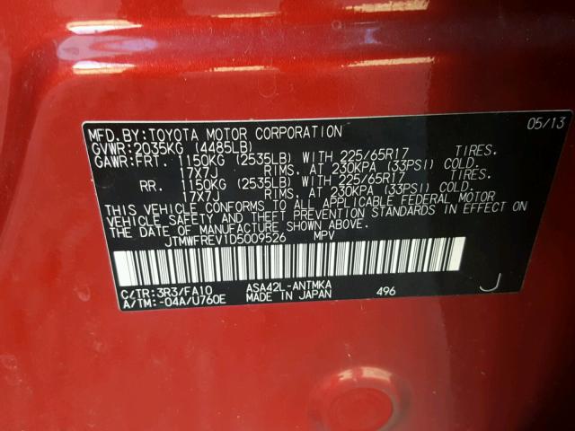 JTMWFREV1D5009526 - 2013 TOYOTA RAV4 XLE RED photo 10