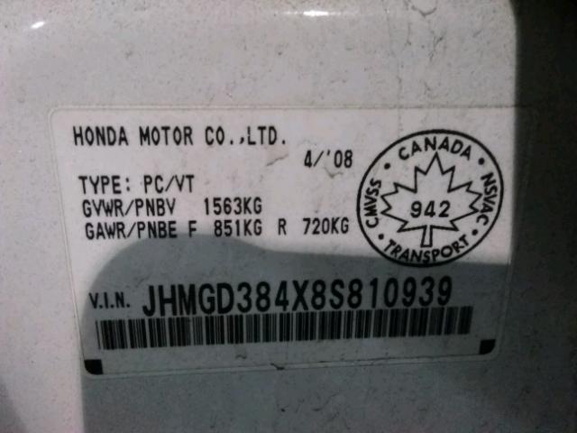 JHMGD384X8S810939 - 2008 HONDA FIT WHITE photo 10