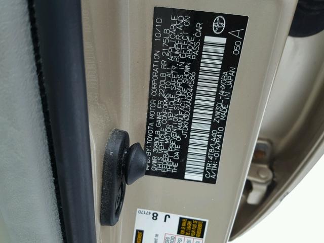 JTDKN3DUXA0244586 - 2010 TOYOTA PRIUS GOLD photo 10