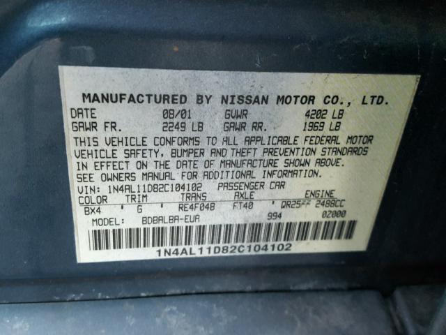 1N4AL11D82C104102 - 2002 NISSAN ALTIMA BAS GRAY photo 10