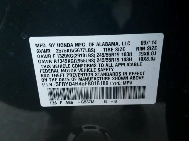 5FRYD4H45FB016189 - 2015 ACURA MDX TECHNO GRAY photo 10