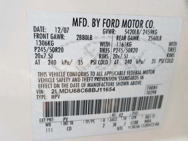 2LMDU68C68BJ11654 - 2008 LINCOLN MKX WHITE photo 10