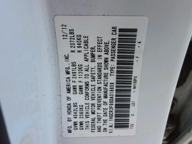 1HGCR3F89DA018659 - 2013 HONDA ACCORD EXL WHITE photo 10