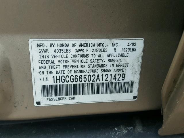 1HGCG66502A121429 - 2002 HONDA ACCORD LX GRAY photo 10