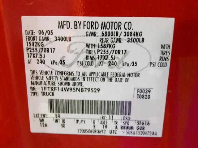 1FTRF14W95NB79529 - 2005 FORD F150 RED photo 10