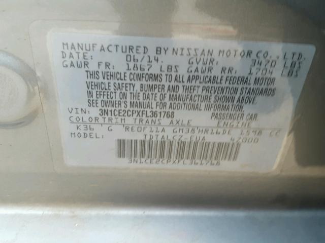 3N1CE2CPXFL361768 - 2015 NISSAN VERSA NOTE GRAY photo 10