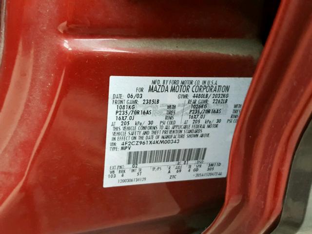 4F2CZ961X4KM00343 - 2004 MAZDA TRIBUTE ES RED photo 10