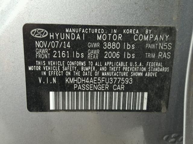 KMHDH4AE5FU377593 - 2015 HYUNDAI ELANTRA SE GRAY photo 10