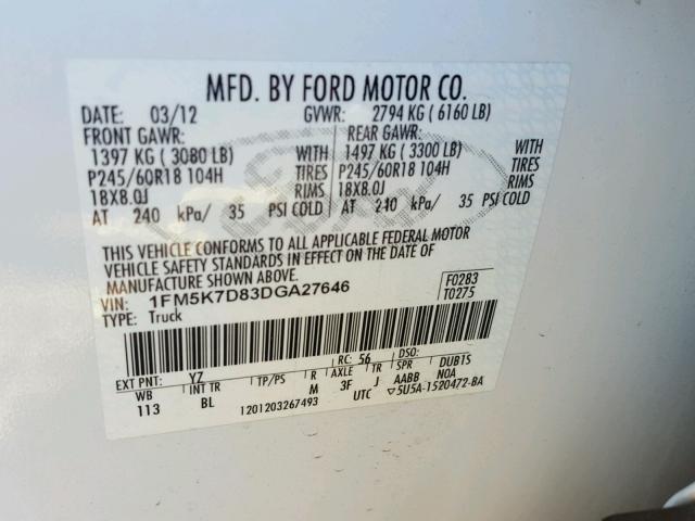 1FM5K7D83DGA27646 - 2013 FORD EXPLORER X WHITE photo 10