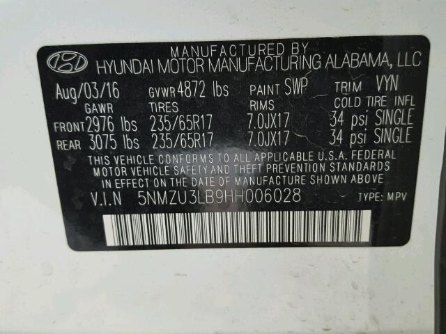 5NMZU3LB9HH006028 - 2017 HYUNDAI SANTA FE S 白色 照片 10