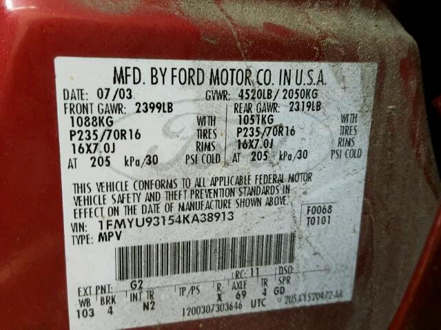 1FMYU93154KA38913 - 2004 FORD ESCAPE XLT RED photo 10