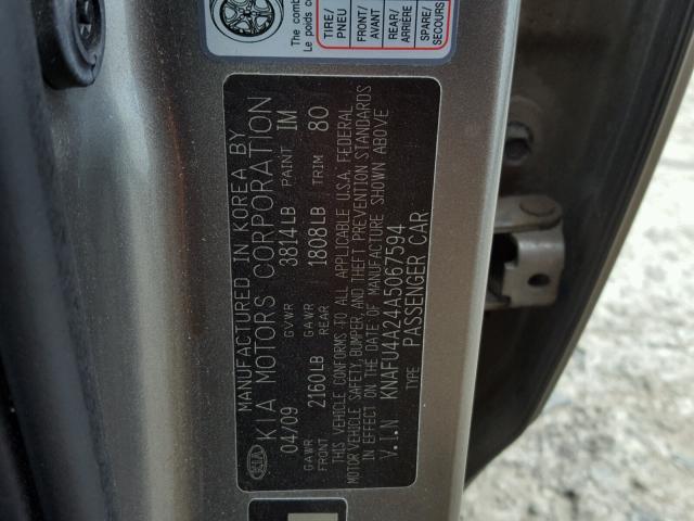 KNAFU4A24A5067594 - 2010 KIA FORTE EX SILVER photo 10