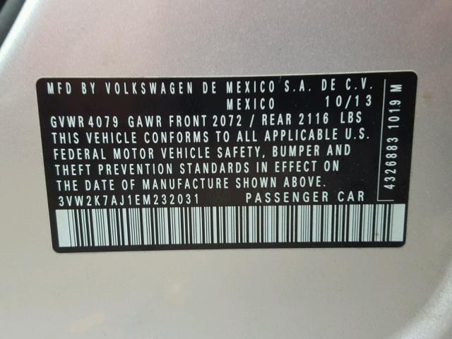 3VW2K7AJ1EM232031 - 2014 VOLKSWAGEN JETTA BASE 银色 照片 10
