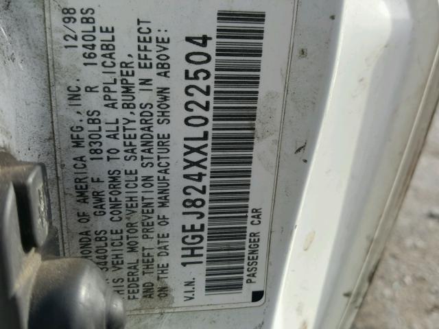 1HGEJ824XXL022504 - 1999 HONDA CIVIC EX 白色 照片 10