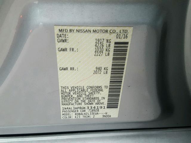 1N4AL3AP8GN334191 - 2016 NISSAN ALTIMA 2.5 SILVER photo 10