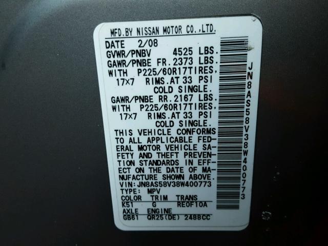 JN8AS58V38W400773 - 2008 NISSAN ROGUE S GRAY photo 10