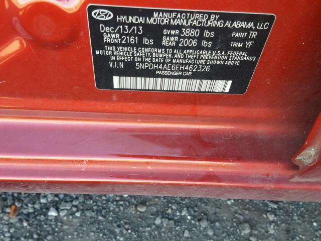 5NPDH4AE6EH462326 - 2014 HYUNDAI ELANTRA SE RED photo 10