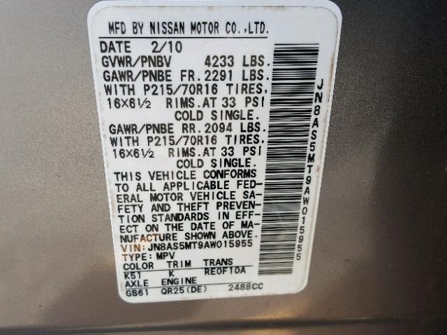 JN8AS5MT9AW015955 - 2010 NISSAN ROGUE S GRAY photo 10