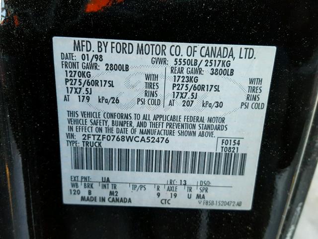 2FTZF0768WCA52476 - 1998 FORD F150 BLACK photo 10