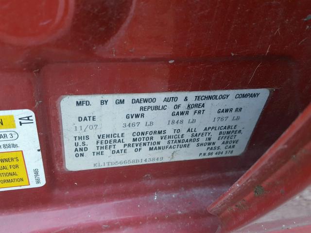 KL1TD56658B143849 - 2008 CHEVROLET AVEO BASE Qırmızı foto 10