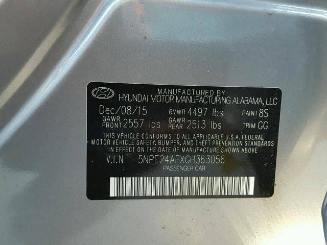 5NPE24AFXGH363056 - 2016 HYUNDAI SONATA SE SILVER photo 10