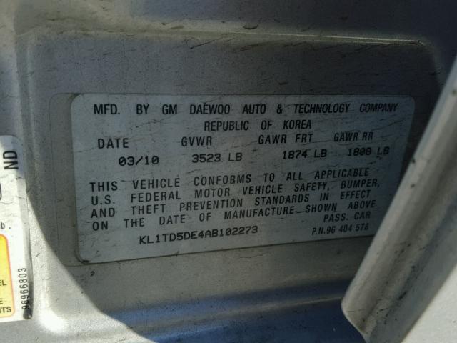 KL1TD5DE4AB102273 - 2010 CHEVROLET AVEO LS SILVER photo 10