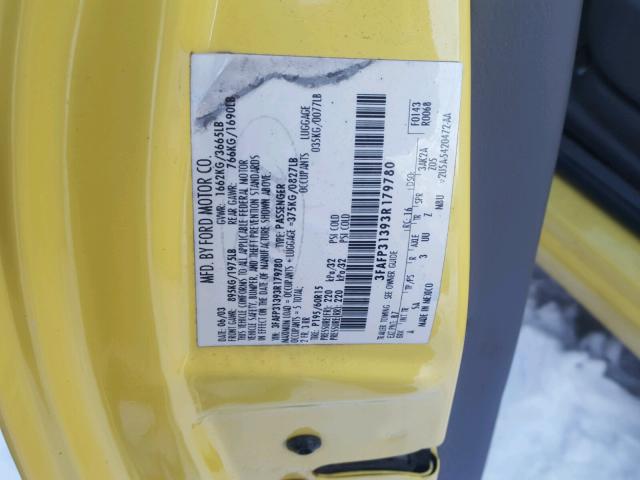 3FAFP31393R179780 - 2003 FORD FOCUS ZX3 YELLOW photo 10