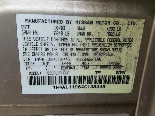 1N4AL11D64C138445 - 2004 NISSAN ALTIMA BAS GOLD photo 10