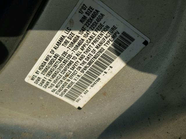 5FNRL38827B037802 - 2007 HONDA ODYSSEY TO SILVER photo 10