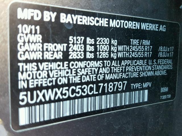 5UXWX5C53CL718797 - 2012 BMW X3 XDRIVE2 Brązowy zdjęcie 10