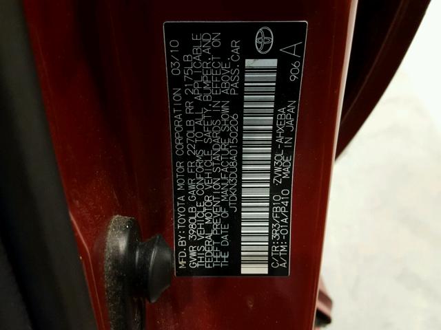 JTDKN3DU8A0150206 - 2010 TOYOTA PRIUS RED photo 10