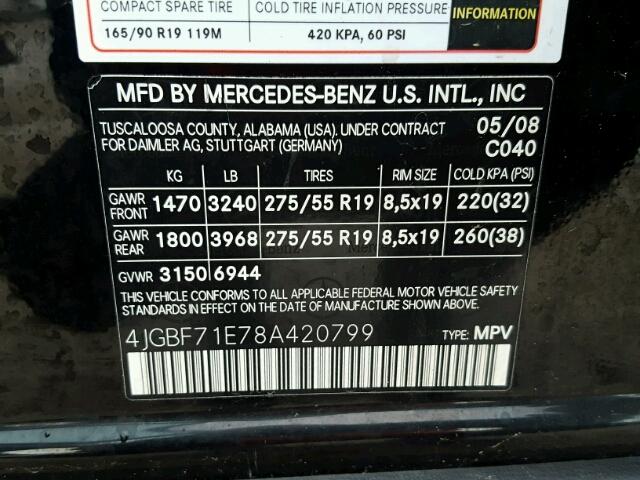 4JGBF71E78A420799 - 2008 MERCEDES-BENZ GL 450 4MA BLACK photo 10