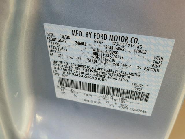 1FMCU493X9KA61665 - 2009 FORD ESCAPE HYB BLUE photo 10