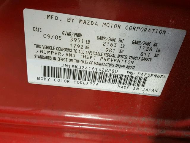 JM1BK324161428280 - 2006 MAZDA 3 S RED photo 10