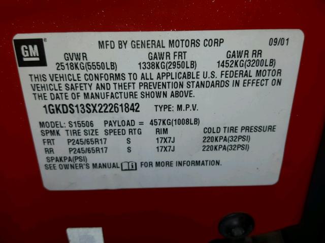 1GKDS13SX22261842 - 2002 GMC ENVOY RED photo 10