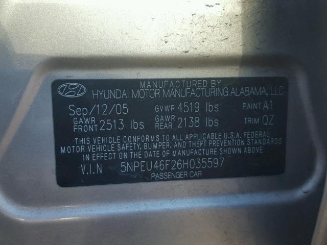 5NPEU46F26H035597 - 2006 HYUNDAI SONATA GLS BROWN photo 10