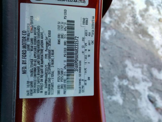 3FAHP0HA9AR233572 - 2010 FORD FUSION SE RED photo 10