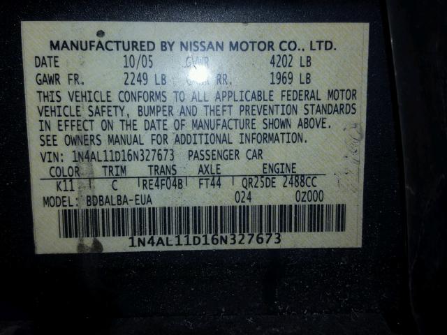 1N4AL11D16N327673 - 2006 NISSAN ALTIMA S GRAY photo 10