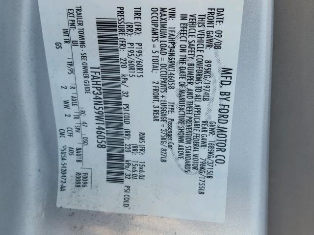 1FAHP34N59W146058 - 2009 FORD FOCUS S SILVER photo 10