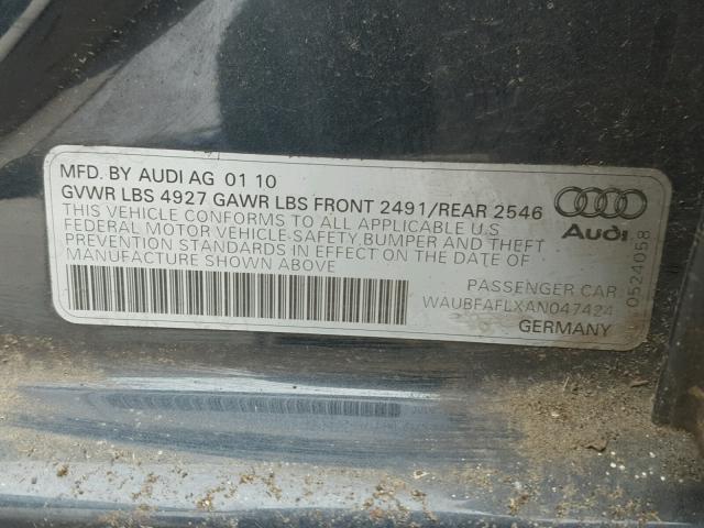 WAUBFAFLXAN047424 - 2010 AUDI A4 PREMIUM GRAY photo 10