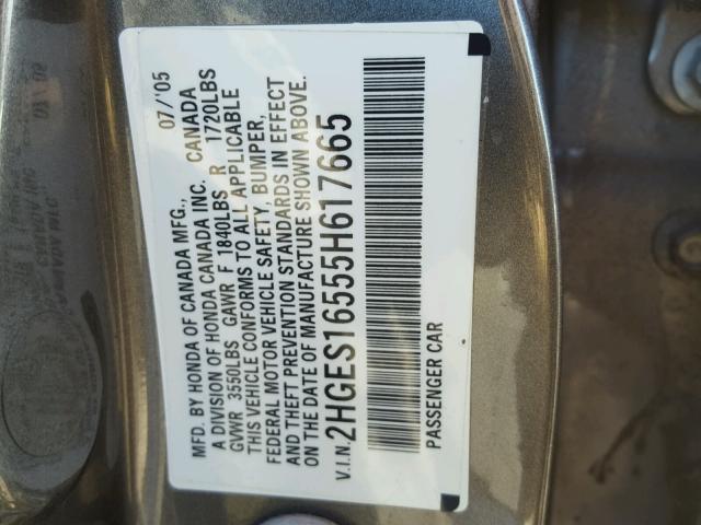 2HGES16555H617665 - 2005 HONDA CIVIC LX GRAY photo 10