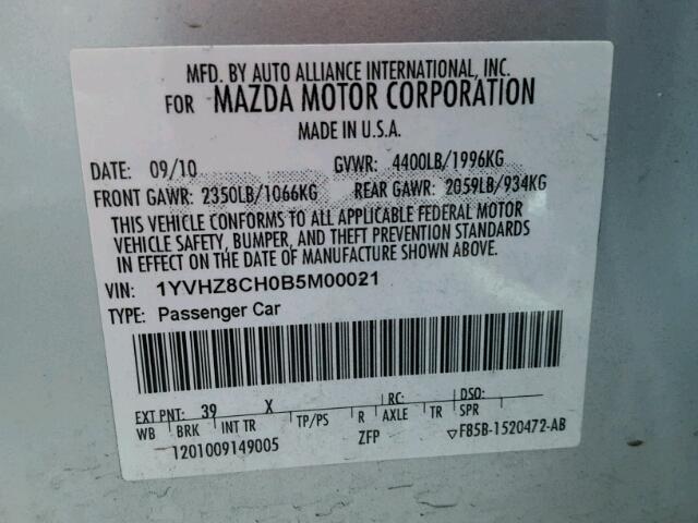 1YVHZ8CH0B5M00021 - 2011 MAZDA 6 I SILVER photo 10