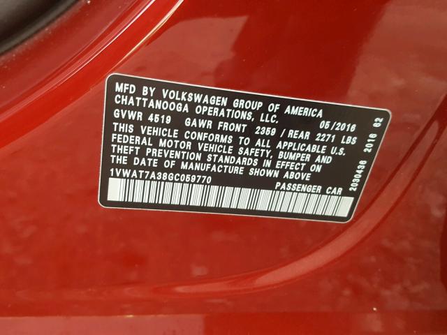 1VWAT7A38GC059770 - 2016 VOLKSWAGEN PASSAT S წითელი ფოტო 10