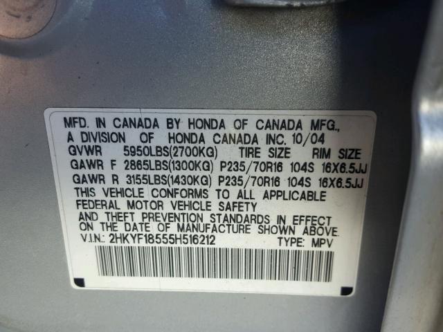 2HKYF18555H516212 - 2005 HONDA PILOT EXL SILVER photo 10