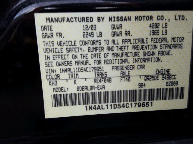 1N4AL11D54C179651 - 2004 NISSAN ALTIMA BAS BLACK photo 10