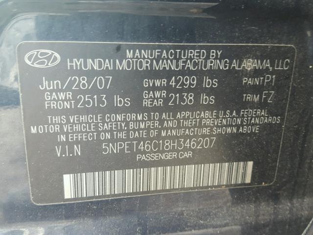 5NPET46C18H346207 - 2008 HYUNDAI SONATA GLS BLUE photo 10