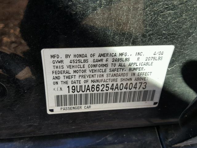 19UUA66254A040473 - 2004 ACURA TL BLACK photo 10