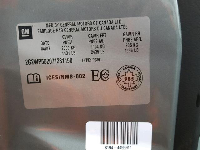 2G2WP552071231190 - 2007 PONTIAC GRAND PRIX ნაცრისფერი ფოტო 10